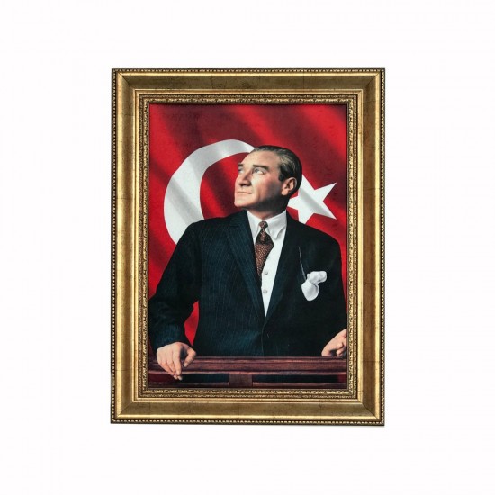 Kenar İşleme Çerçeveli Atatürk ve Bayrak Tablosu